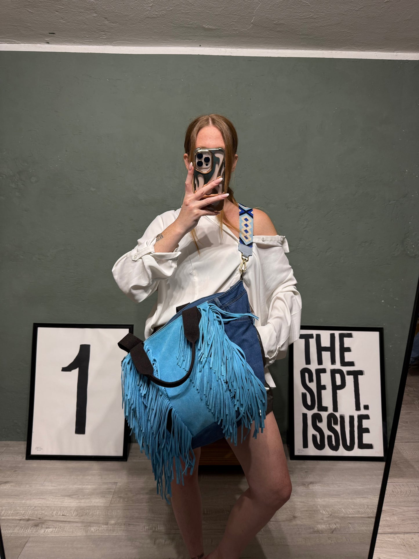 Borsa denim handmade frange