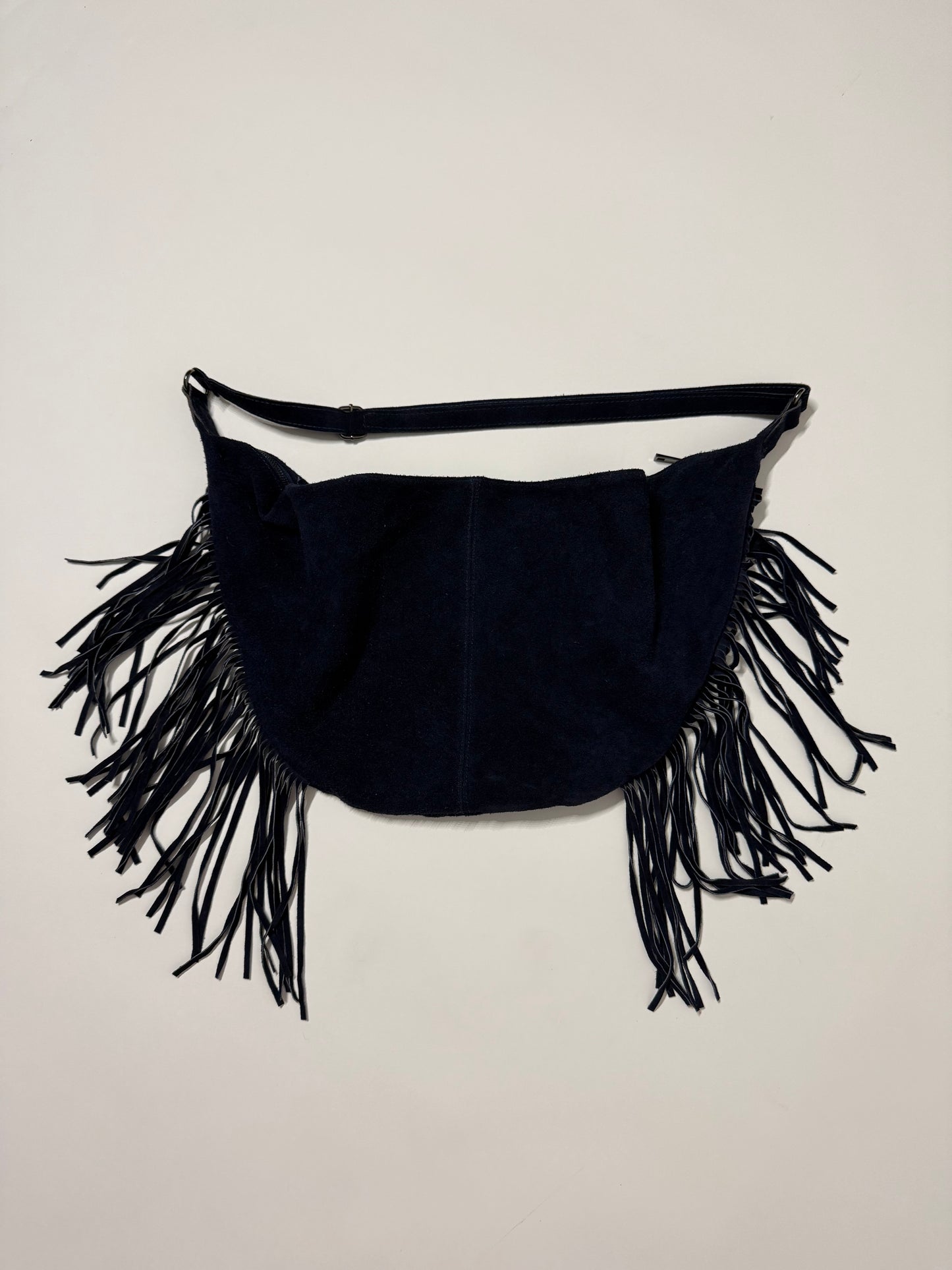 Borsa mezzaluna in pelle frange blu navy