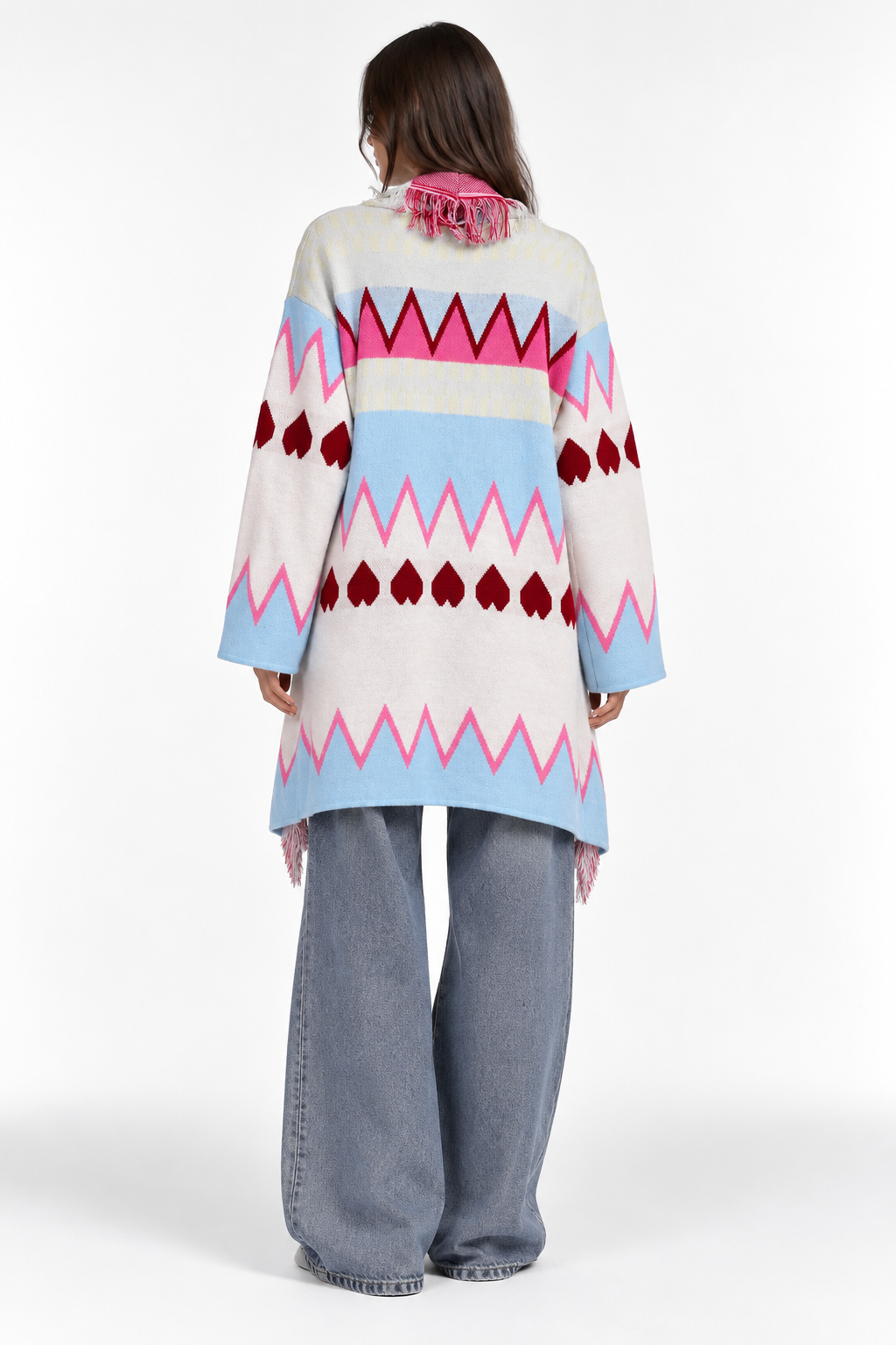 Cardigan fantasia geometrica con frange e cuori