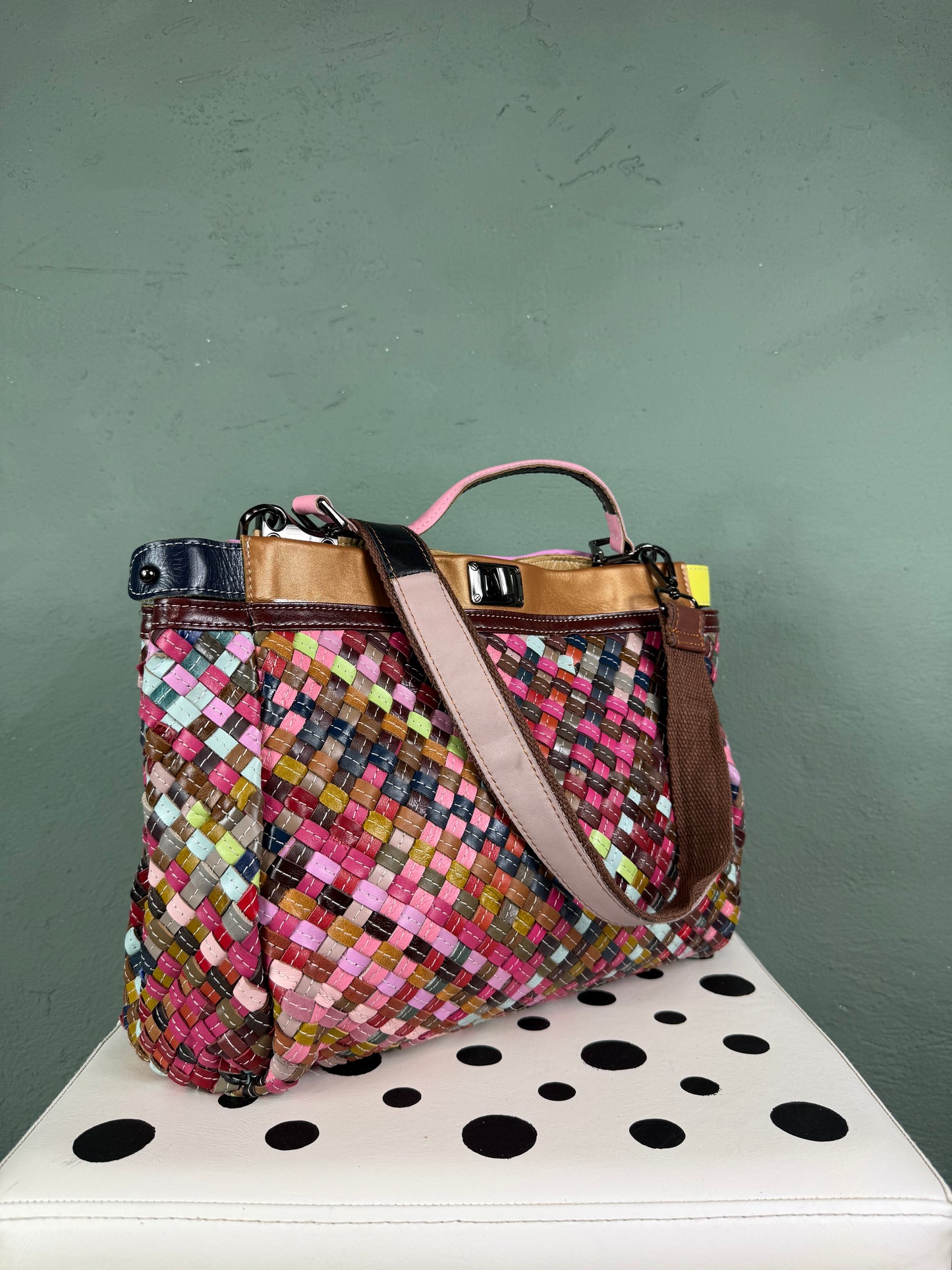 Borsa shopper vera pelle intrecciata multicolor
