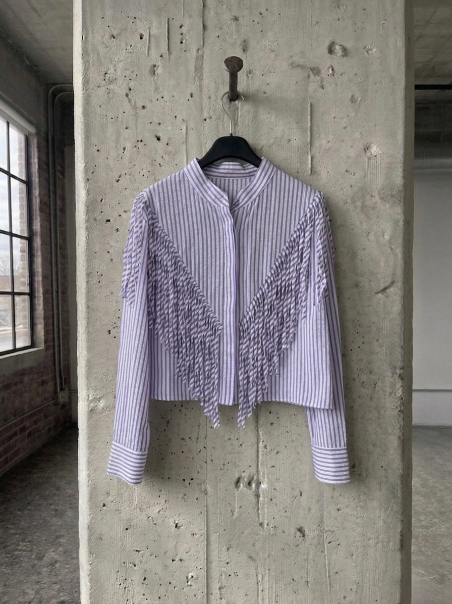 Camicia righe frange ‘Mangia prega Xanax’ reworked