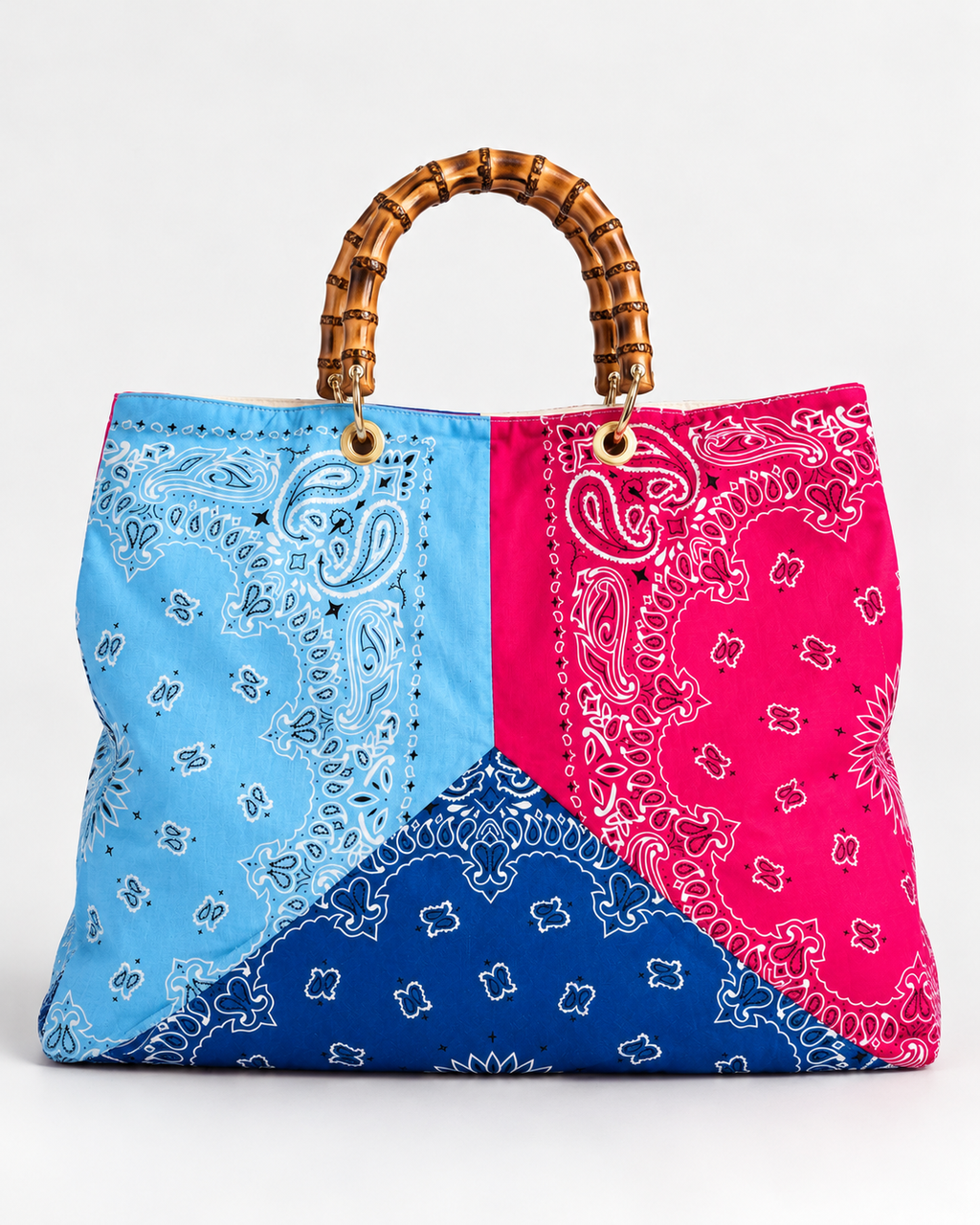 Maxi shopper bandana patchwork con manici in bamboo