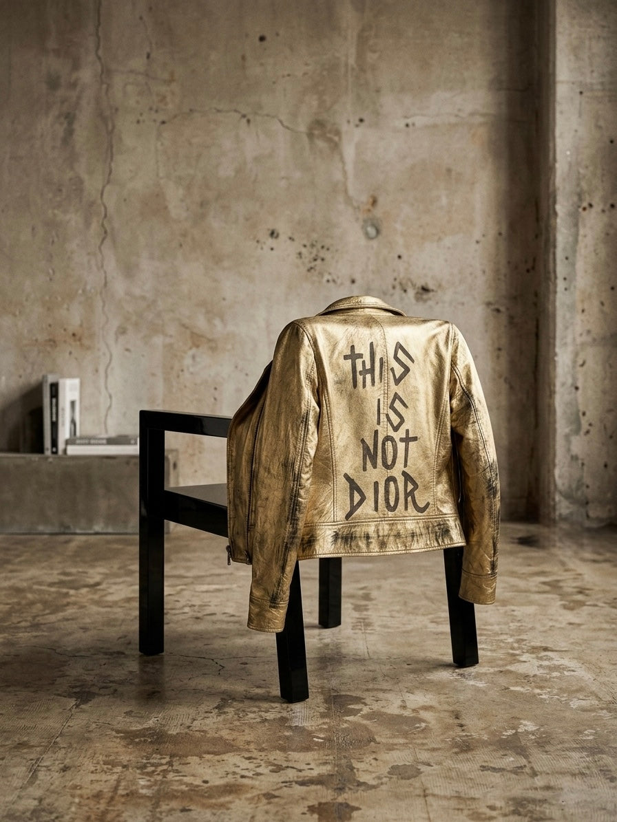 Biker in pelle gold ‘This is not Dior’ hand printed