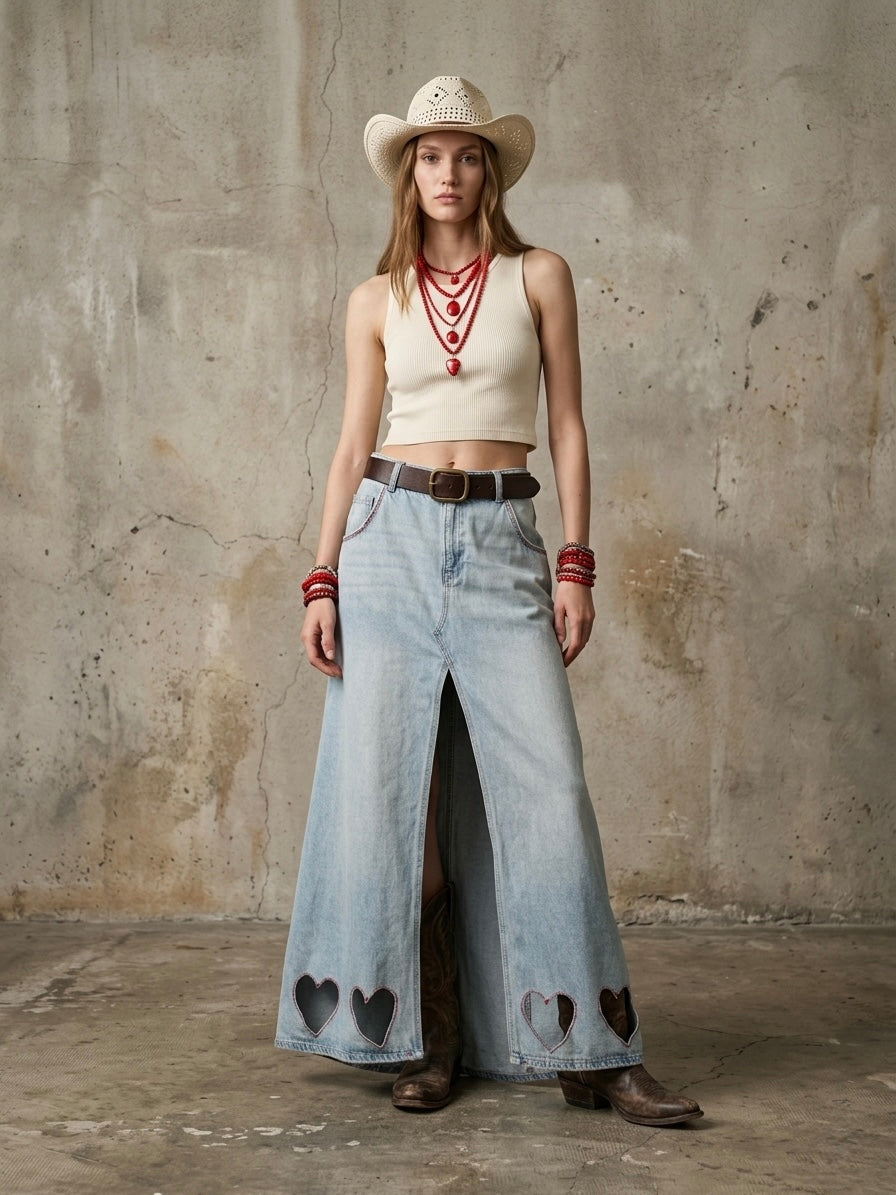 Maxigonna denim ‘ghost hearts’ handmade