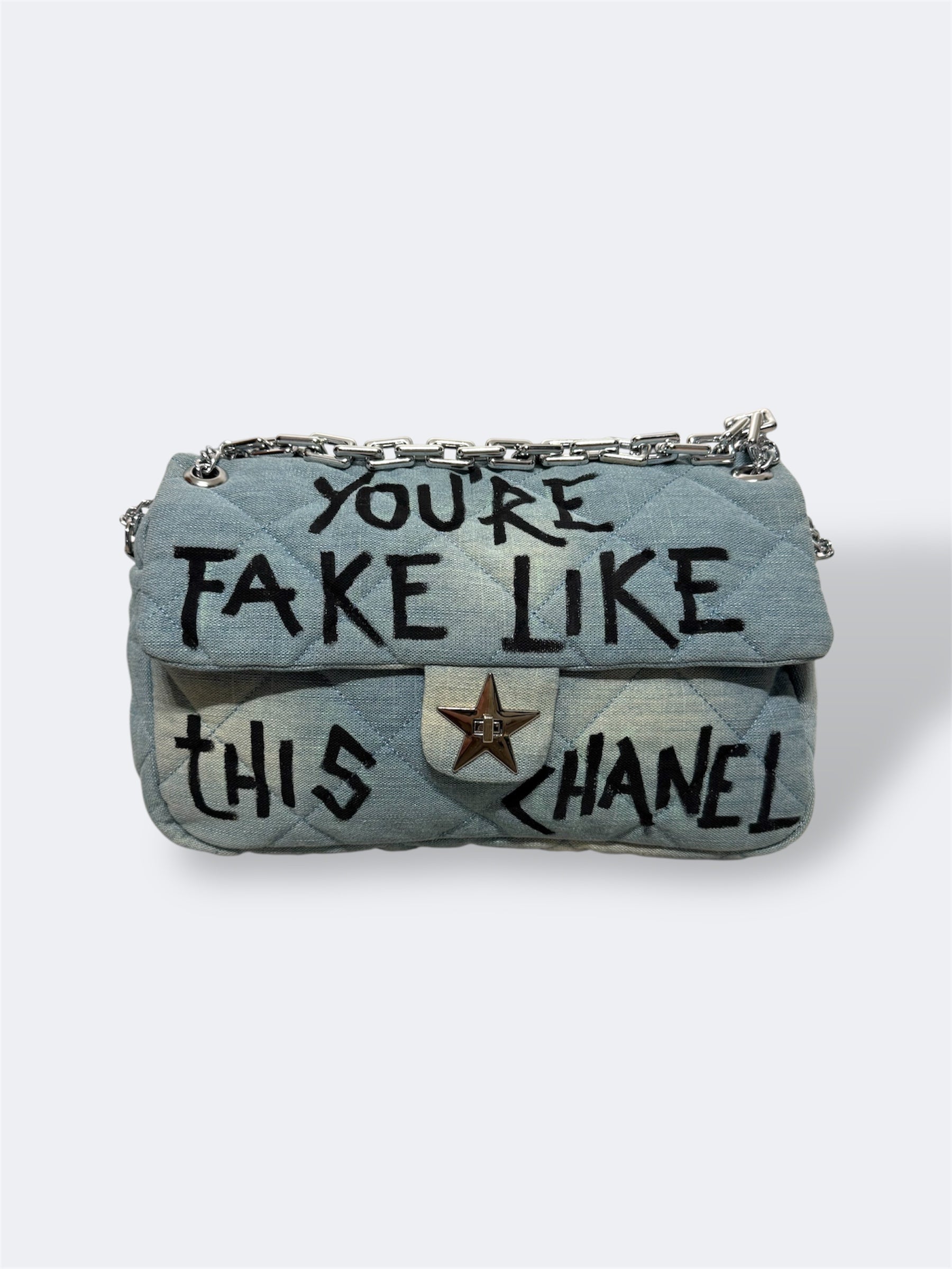 Borsa denim ‘You’re fake like this Chanel’ handmade