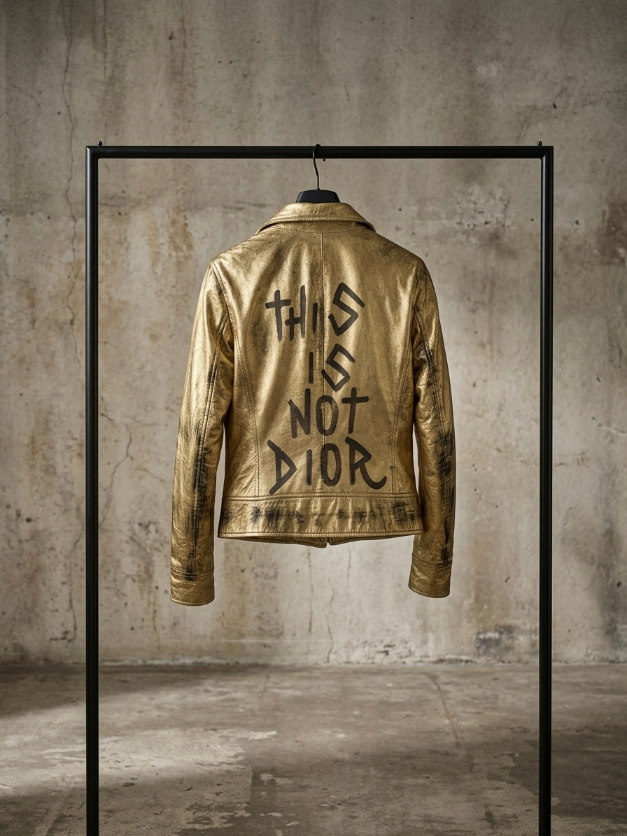 Biker in pelle gold ‘This is not Dior’ hand printed