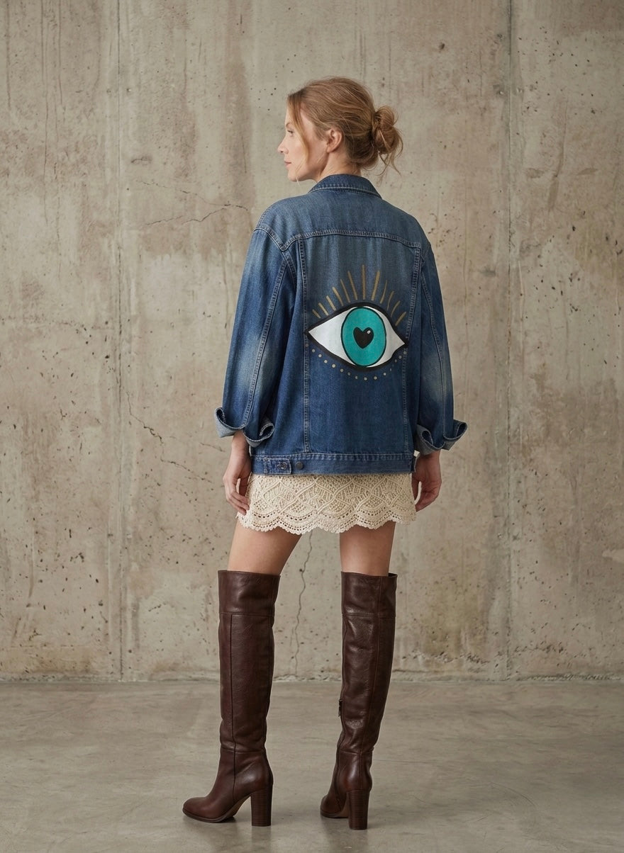 Giacca denim ‘HEART EYE’ hand printed
