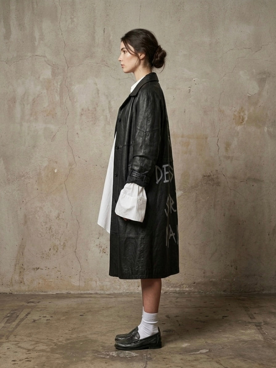Maxi giacca in pelle vintage ‘Sorry mama’ reworked