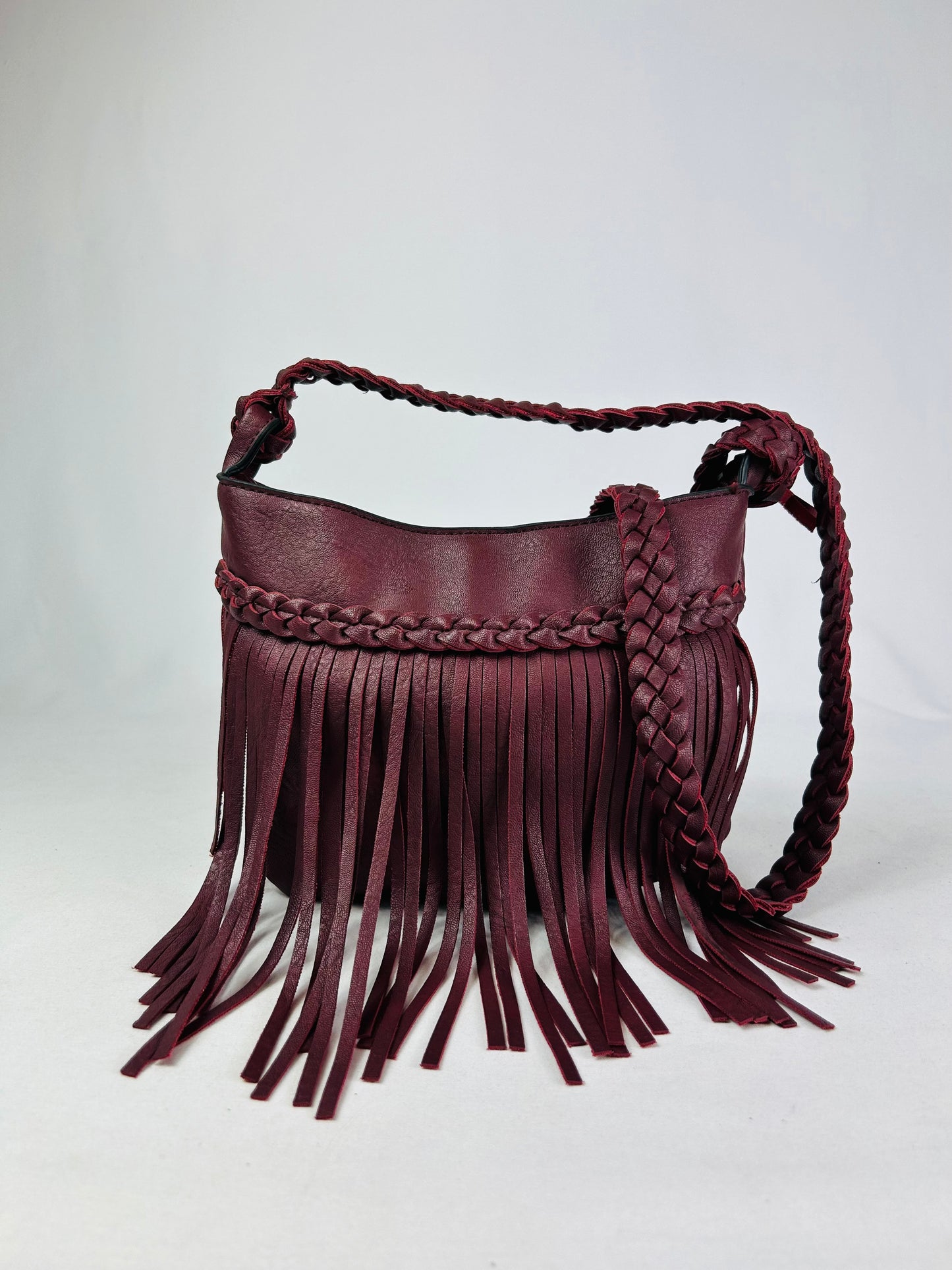 Pochette frange tracolla intrecciata burgundy