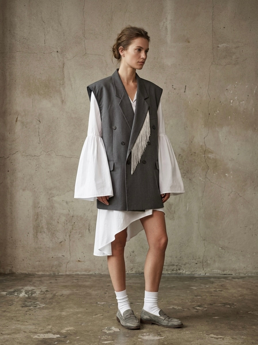 Gilet vintage ‘Love Hate’ silver fringes reworked