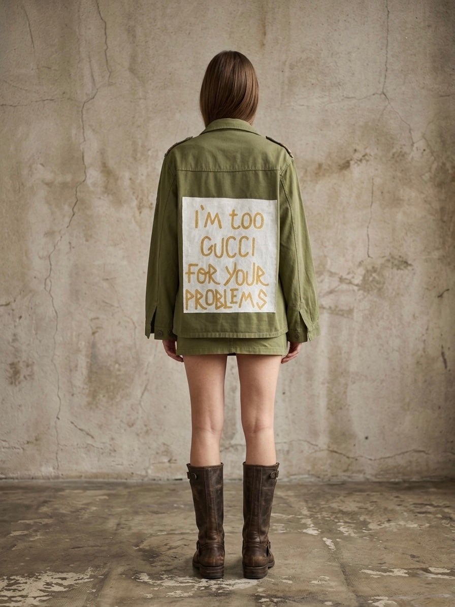 Giacca-camicia militare ‘I’m too Gucci’ upcycled