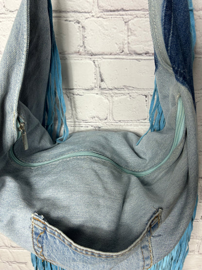 Denim bag fringes handmade light blue