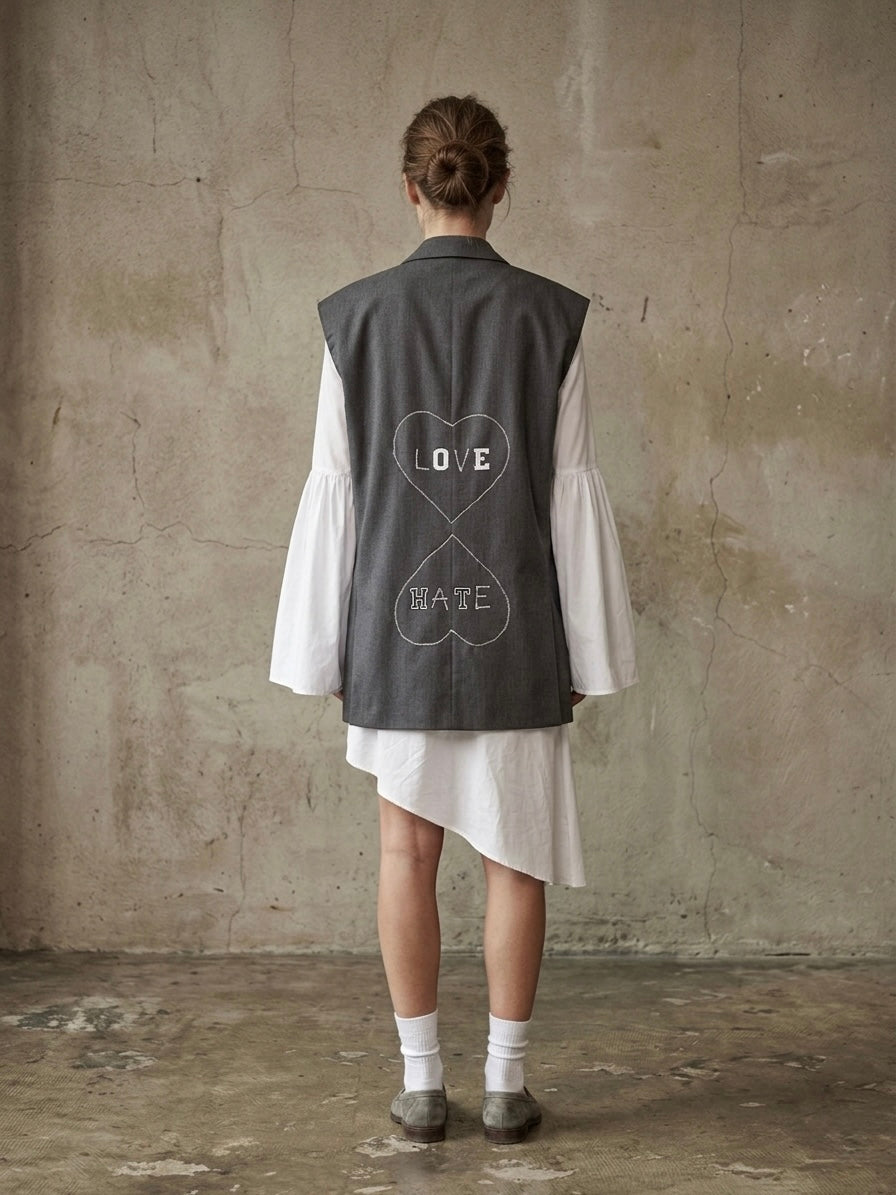 Gilet vintage ‘Love Hate’ silver fringes reworked
