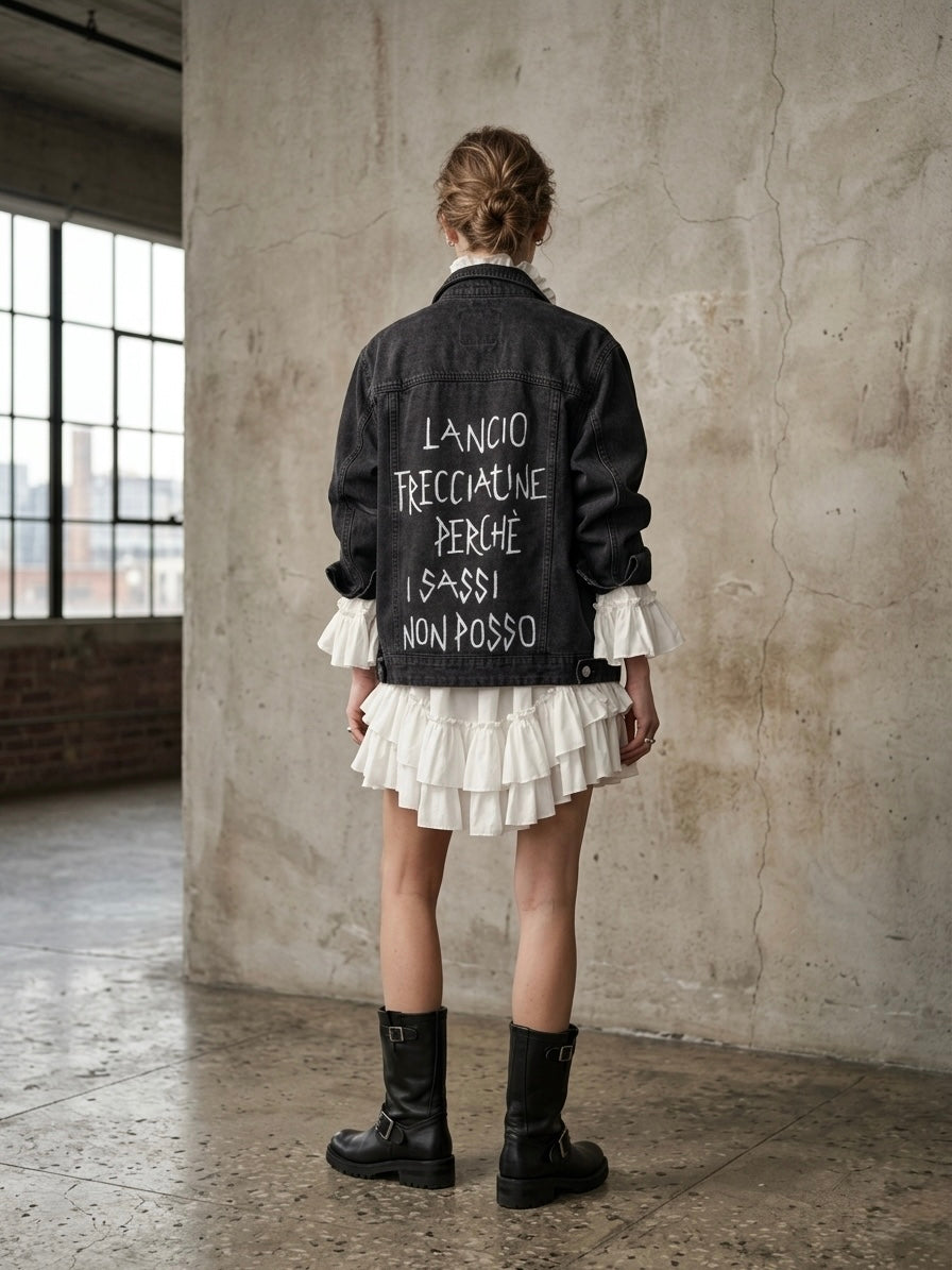 Giacca denim ‘lancio frecciatine’ hand printed