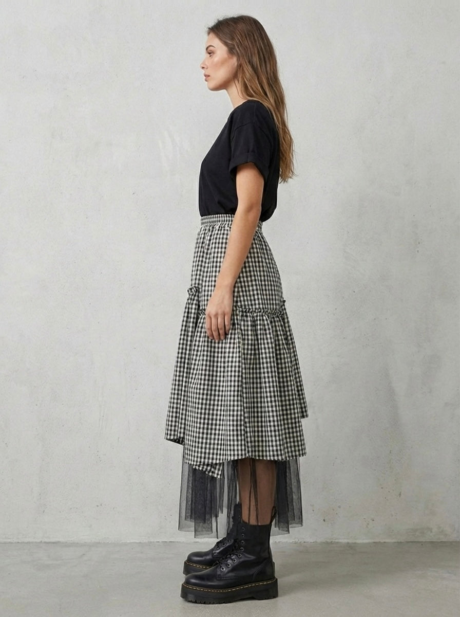 Maxi gonna Vichy e tulle asimmetrica