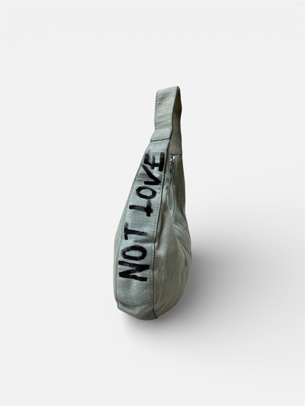 Borsa denim mezzaluna ‘Make money not love’ handmade