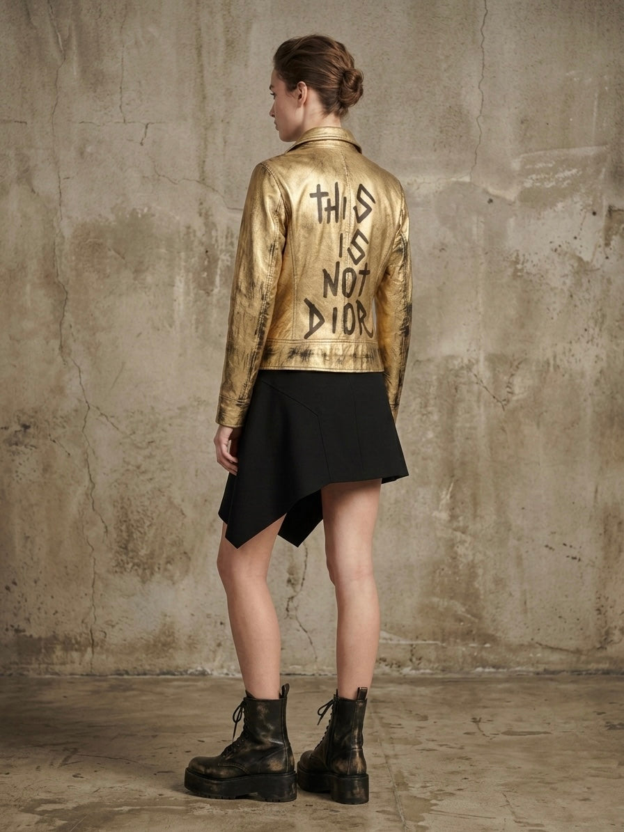 Biker in pelle gold ‘This is not Dior’ hand printed