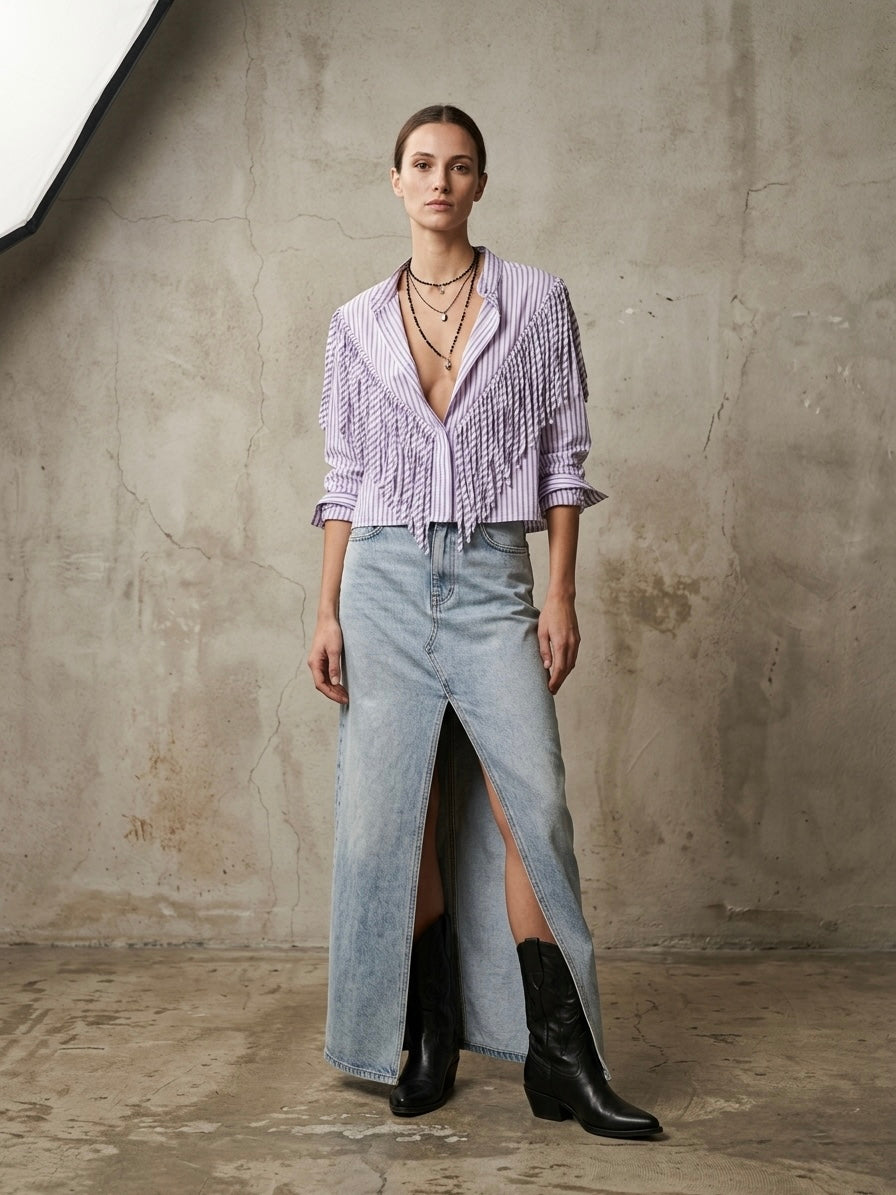 Camicia righe frange ‘Mangia prega Xanax’ reworked