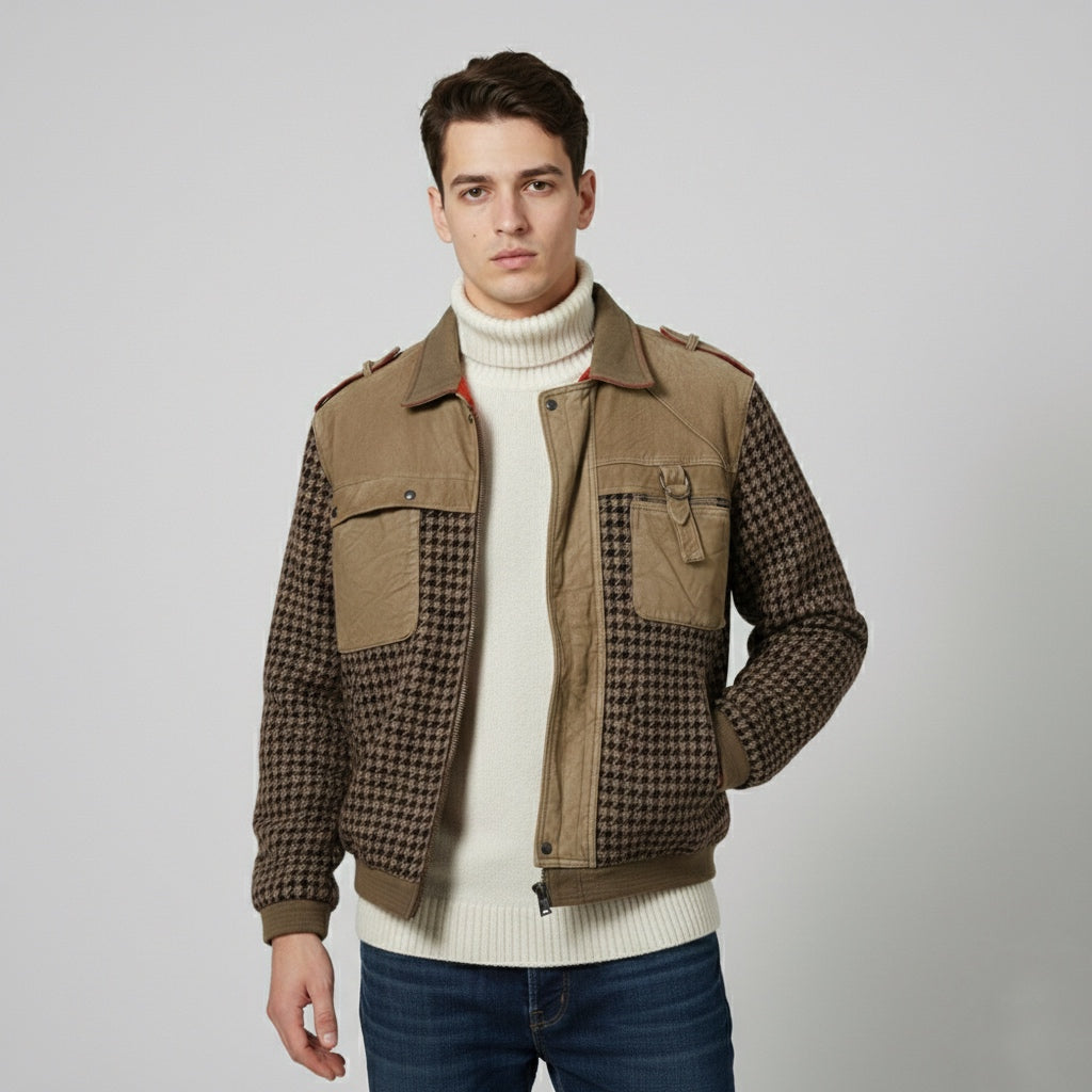 Bomber vintage in pelle e lana pied de poule unisex