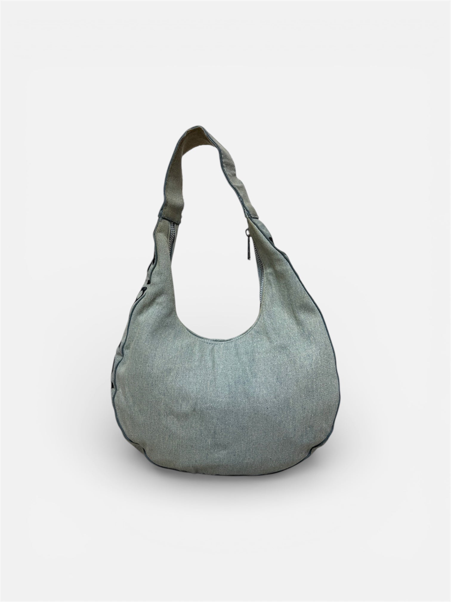 Borsa denim mezzaluna ‘Make money not love’ handmade
