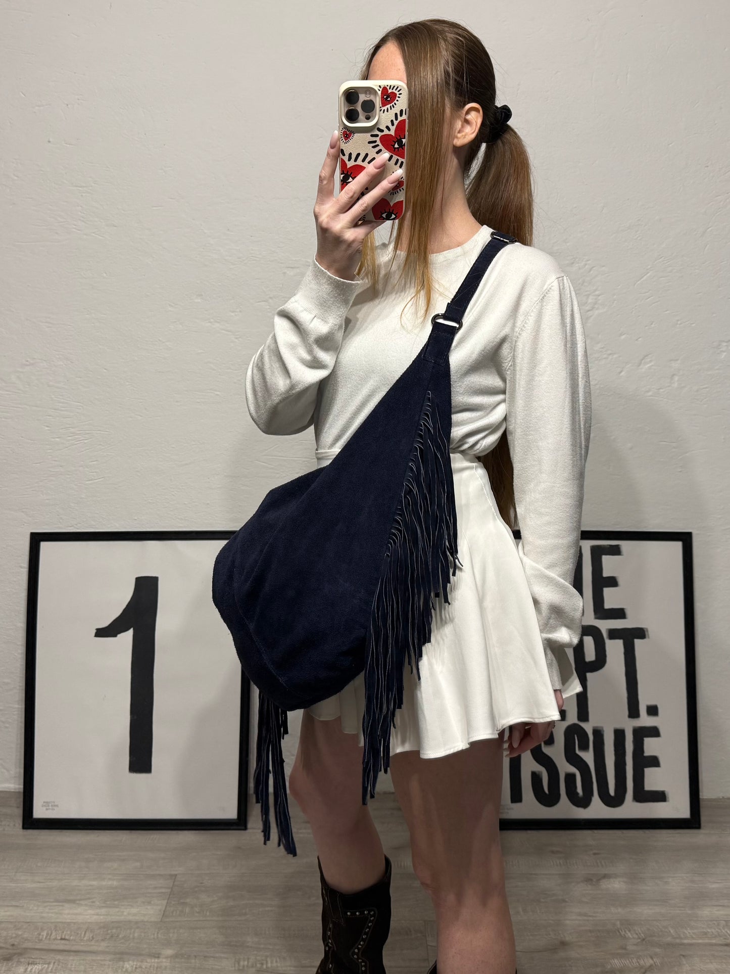 Borsa mezzaluna in pelle frange blu navy