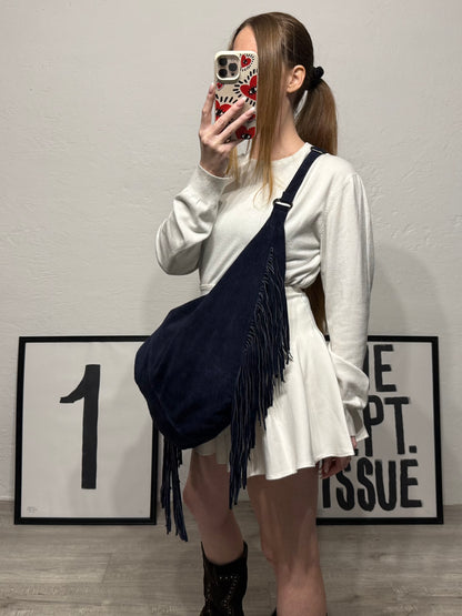 Borsa mezzaluna in pelle frange blu navy