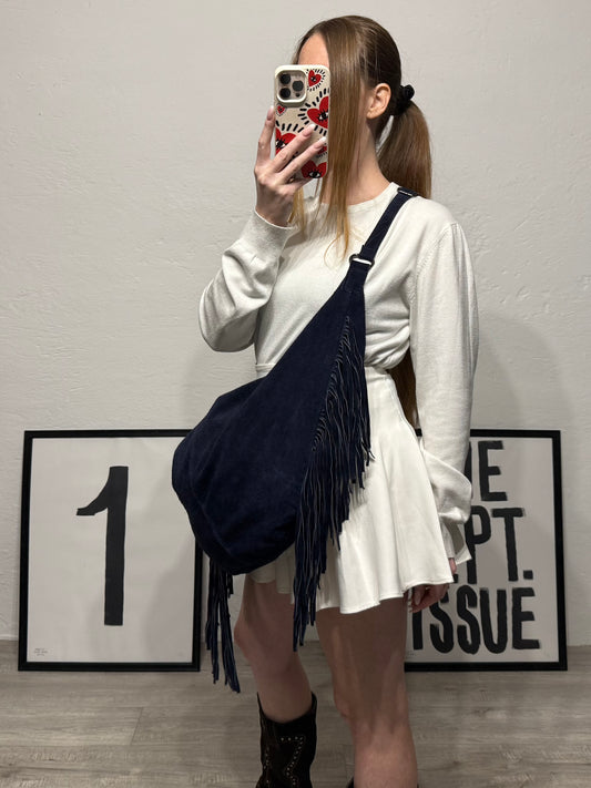 Borsa mezzaluna in pelle frange blu navy