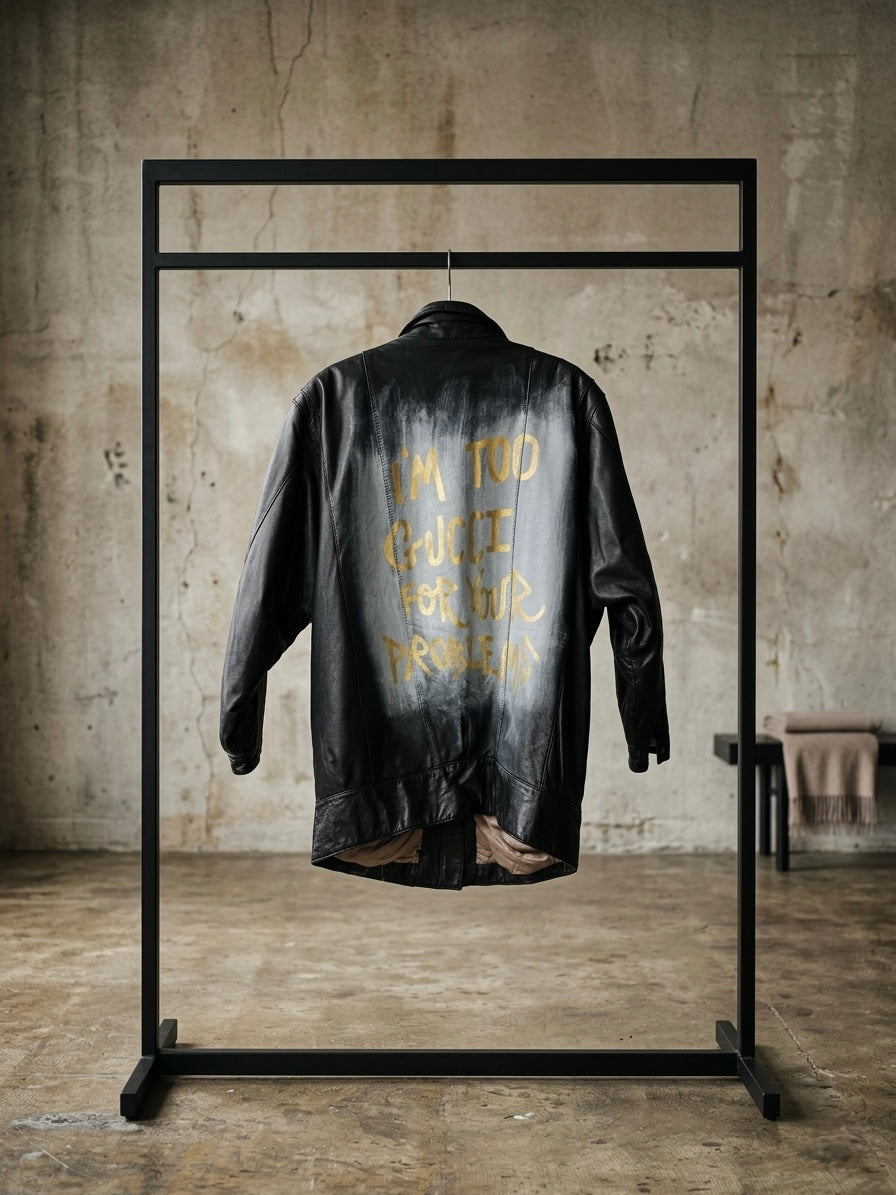 Giacca di pelle ‘I’m too Gucci for your problems’ hand printed