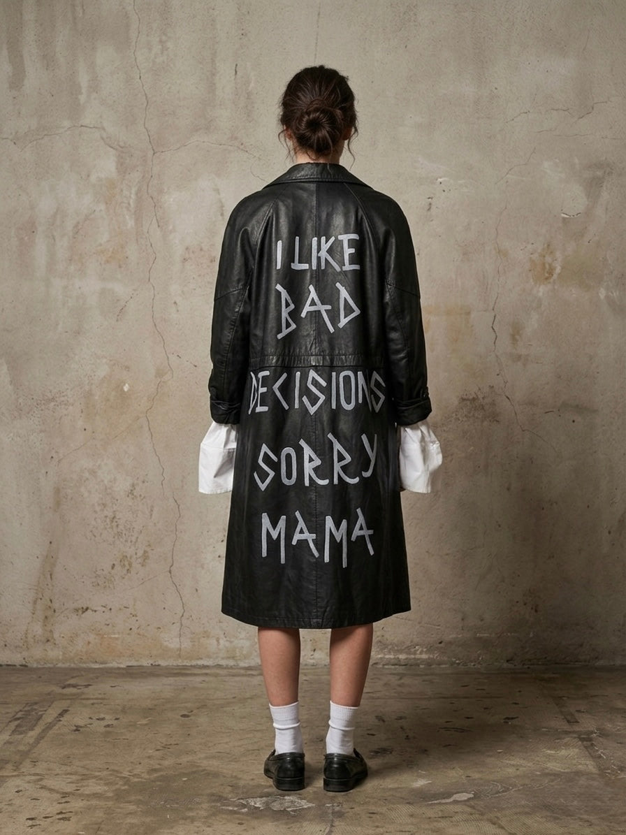 Maxi giacca in pelle vintage ‘Sorry mama’ reworked