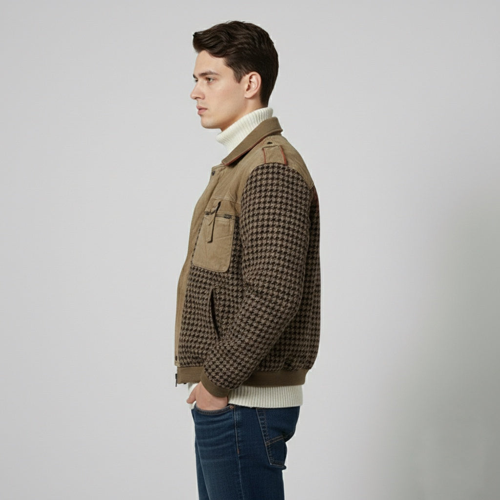 Bomber vintage in pelle e lana pied de poule unisex