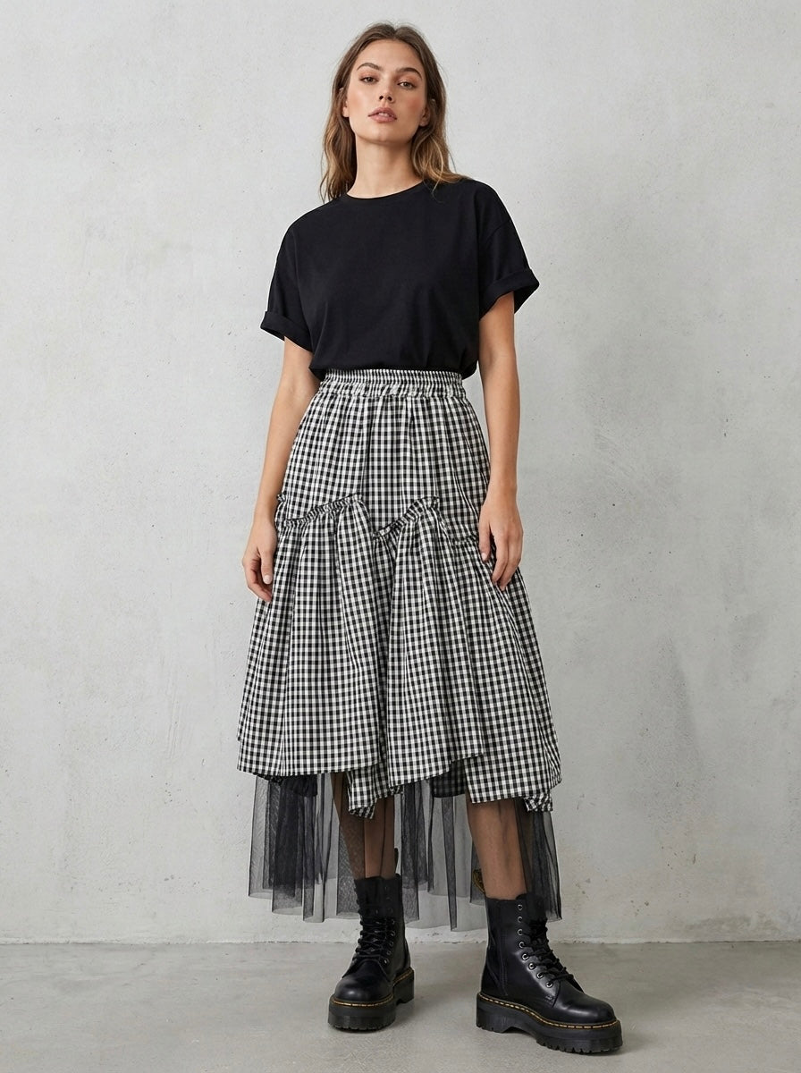 Maxi gonna Vichy e tulle asimmetrica