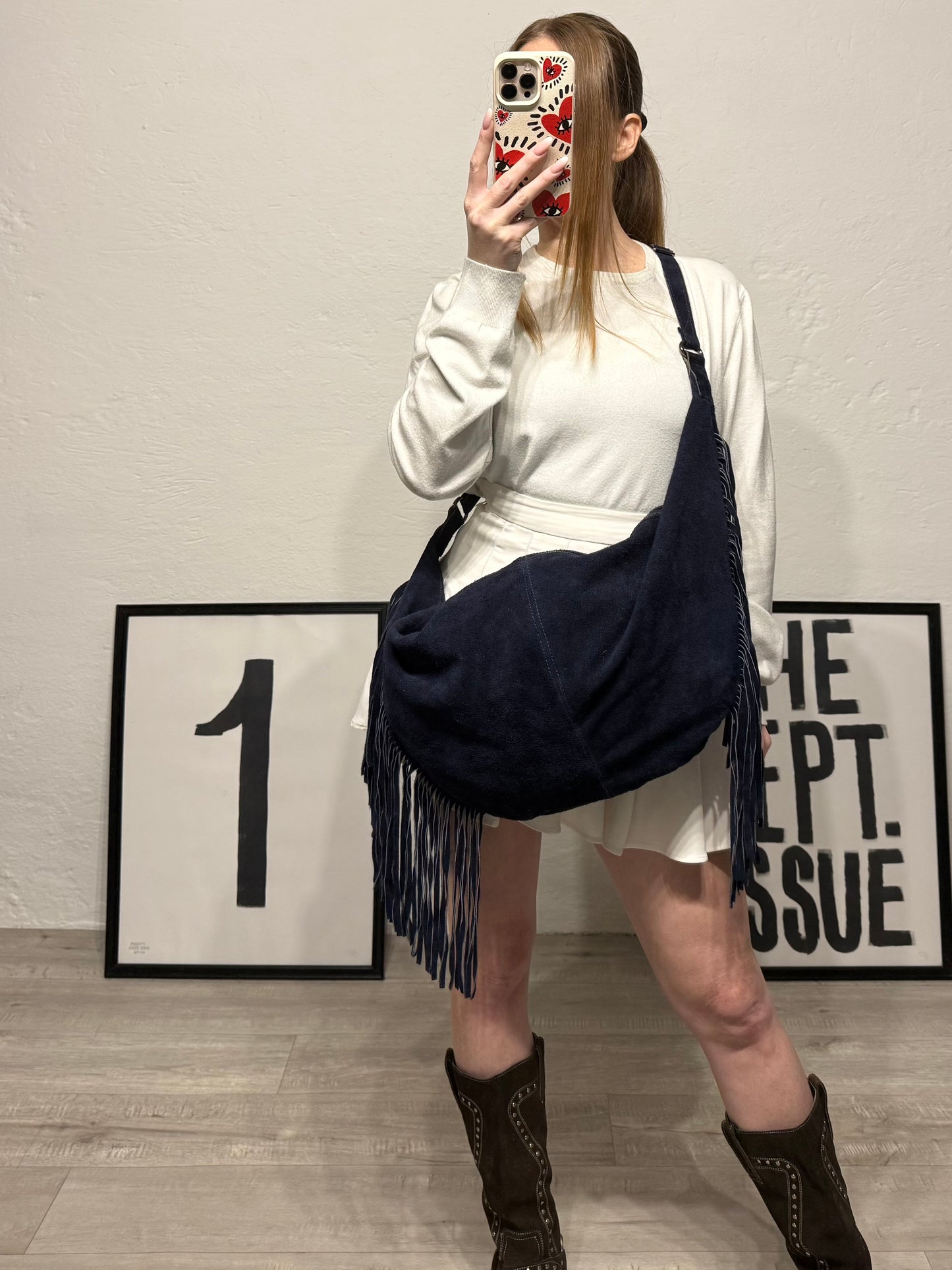 Borsa mezzaluna in pelle frange blu navy