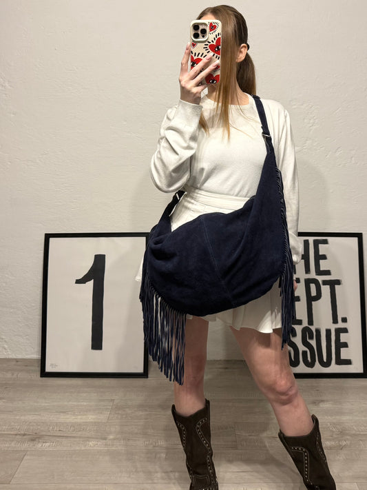 Borsa mezzaluna in pelle frange blu navy
