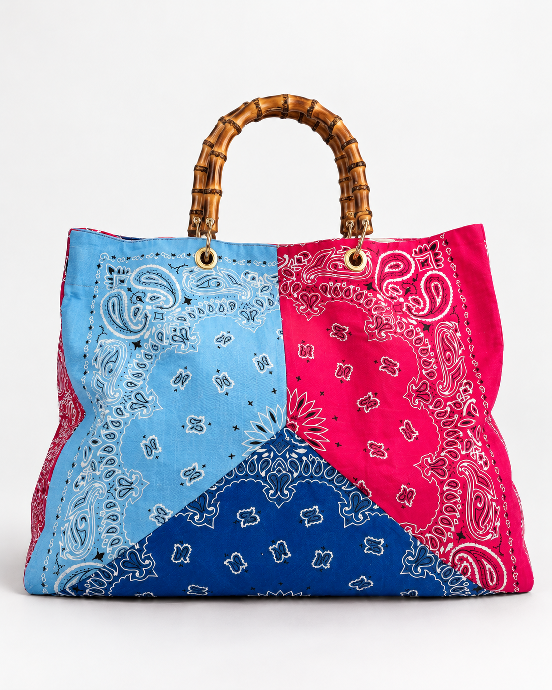 Maxi shopper bandana patchwork con manici in bamboo