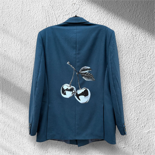 Blazer ottanio doppiopetto ‘Silver Cherries’ handmade