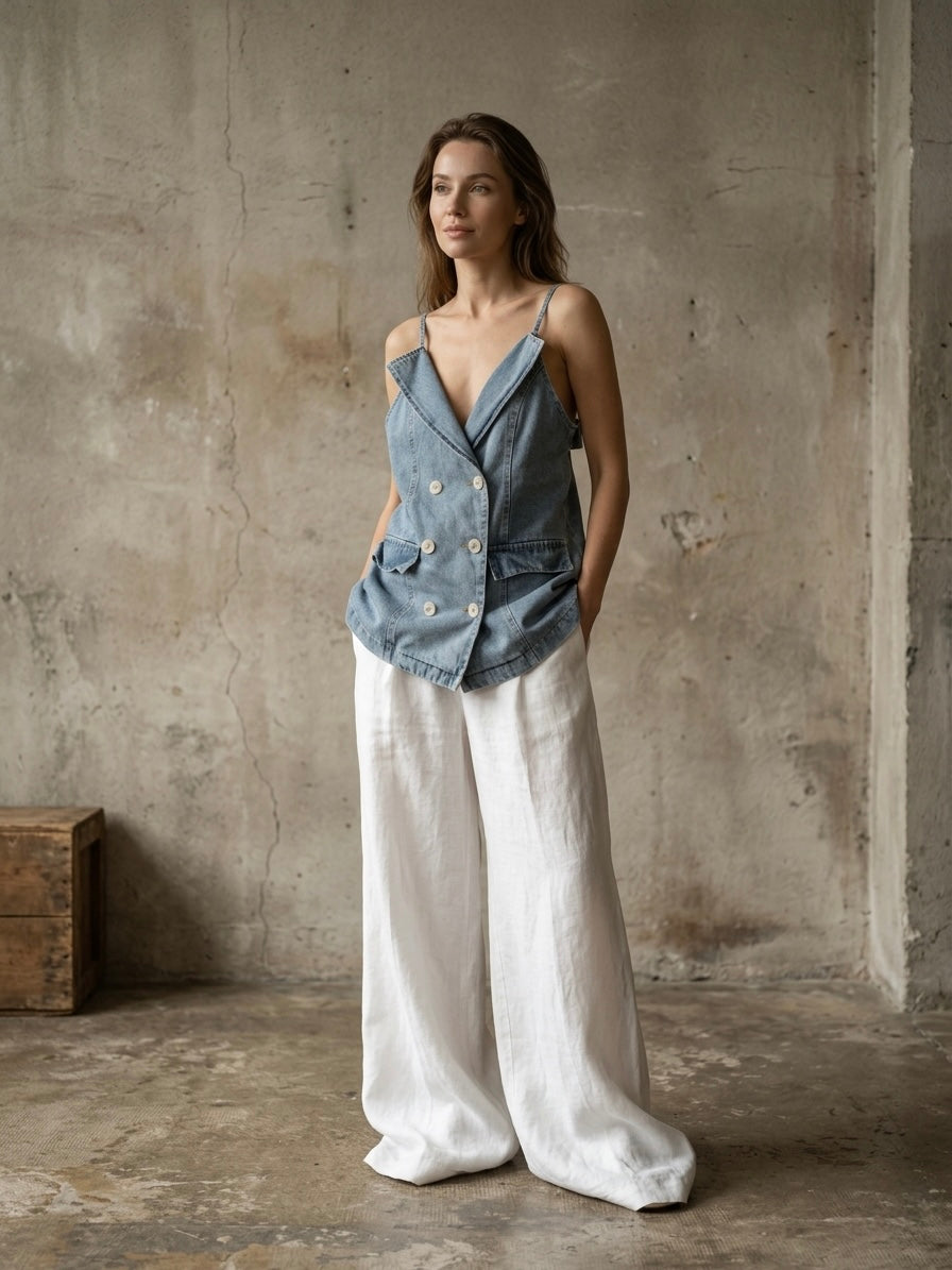 Top vintage smanicato denim
