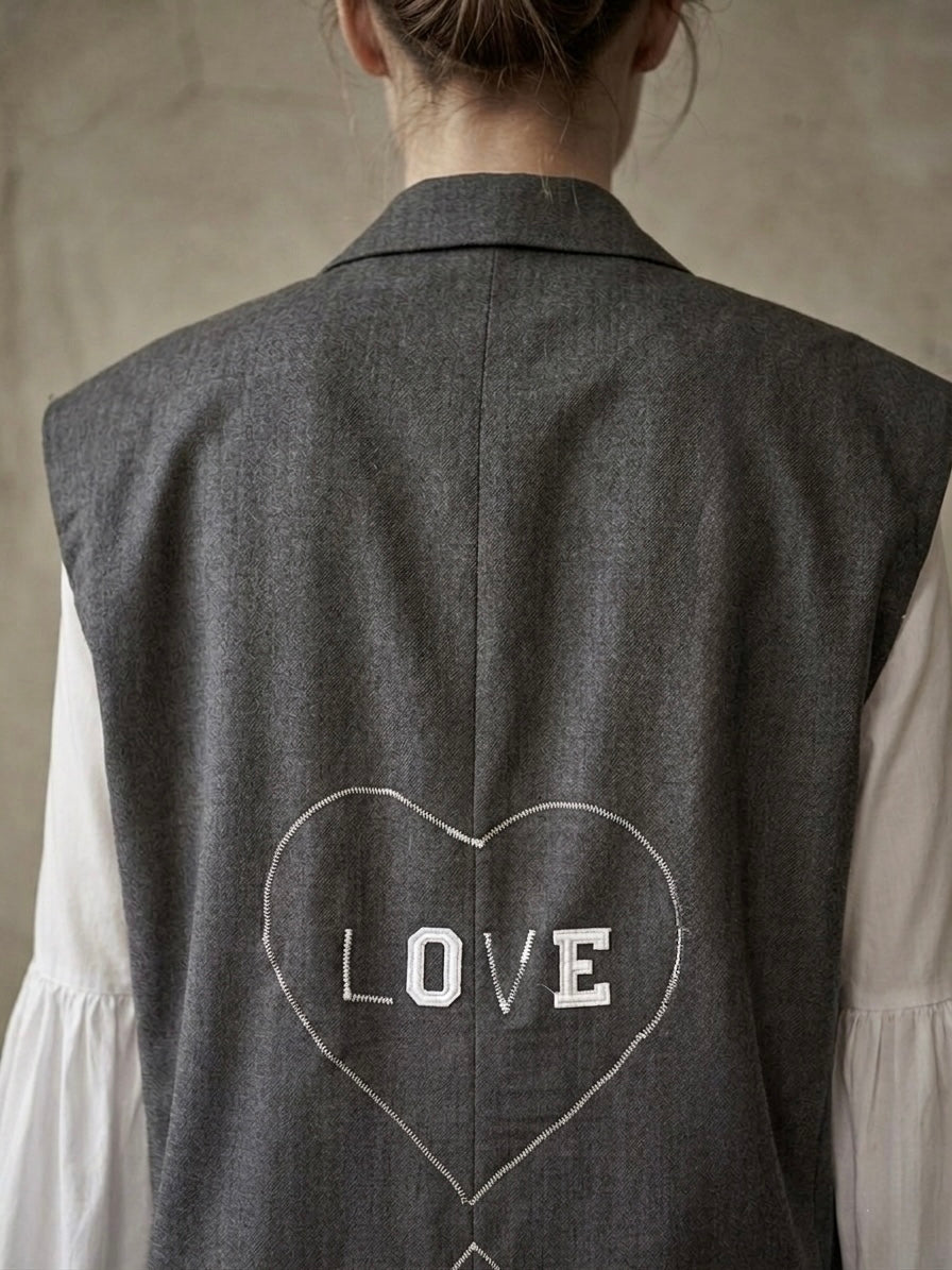 Gilet vintage ‘Love Hate’ silver fringes reworked
