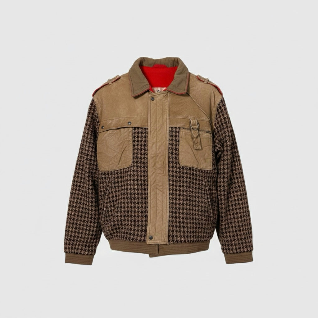 Bomber vintage in pelle e lana pied de poule unisex