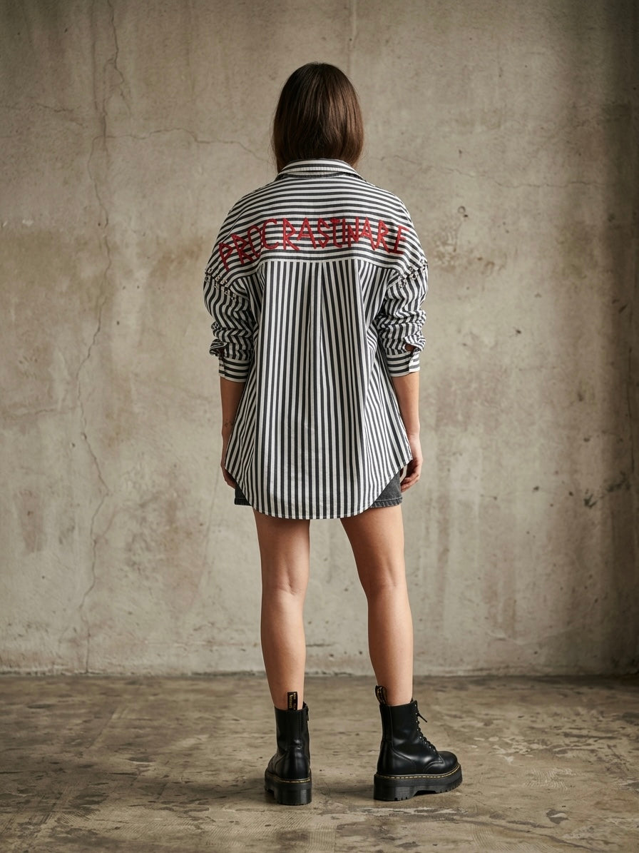 Camicia righe ‘procrastinare’ hand painted