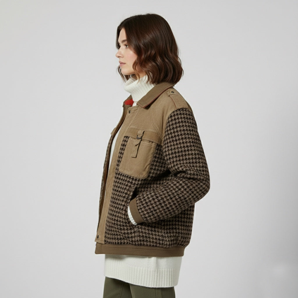 Bomber vintage in pelle e lana pied de poule unisex