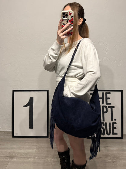 Borsa mezzaluna in pelle frange blu navy