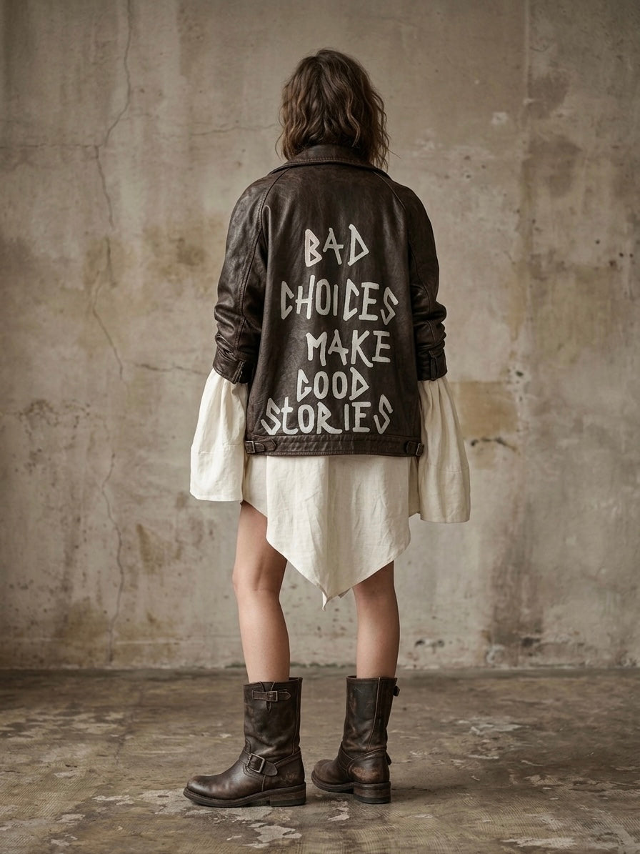 Giacca in pelle vintage ‘Bad choices’ hand printed
