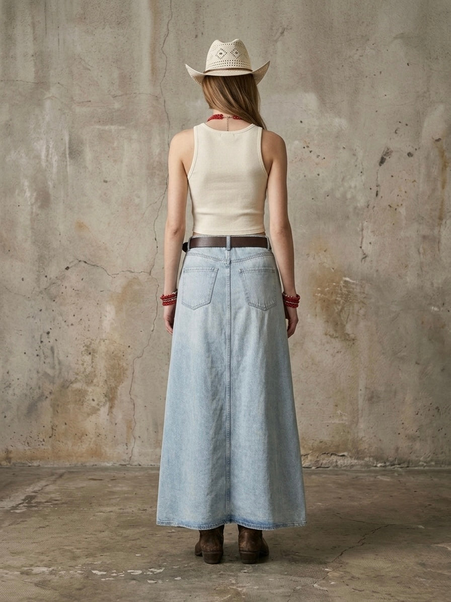Maxigonna denim ‘ghost hearts’ handmade