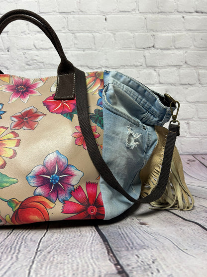 Borsa hand made denim frange stampa