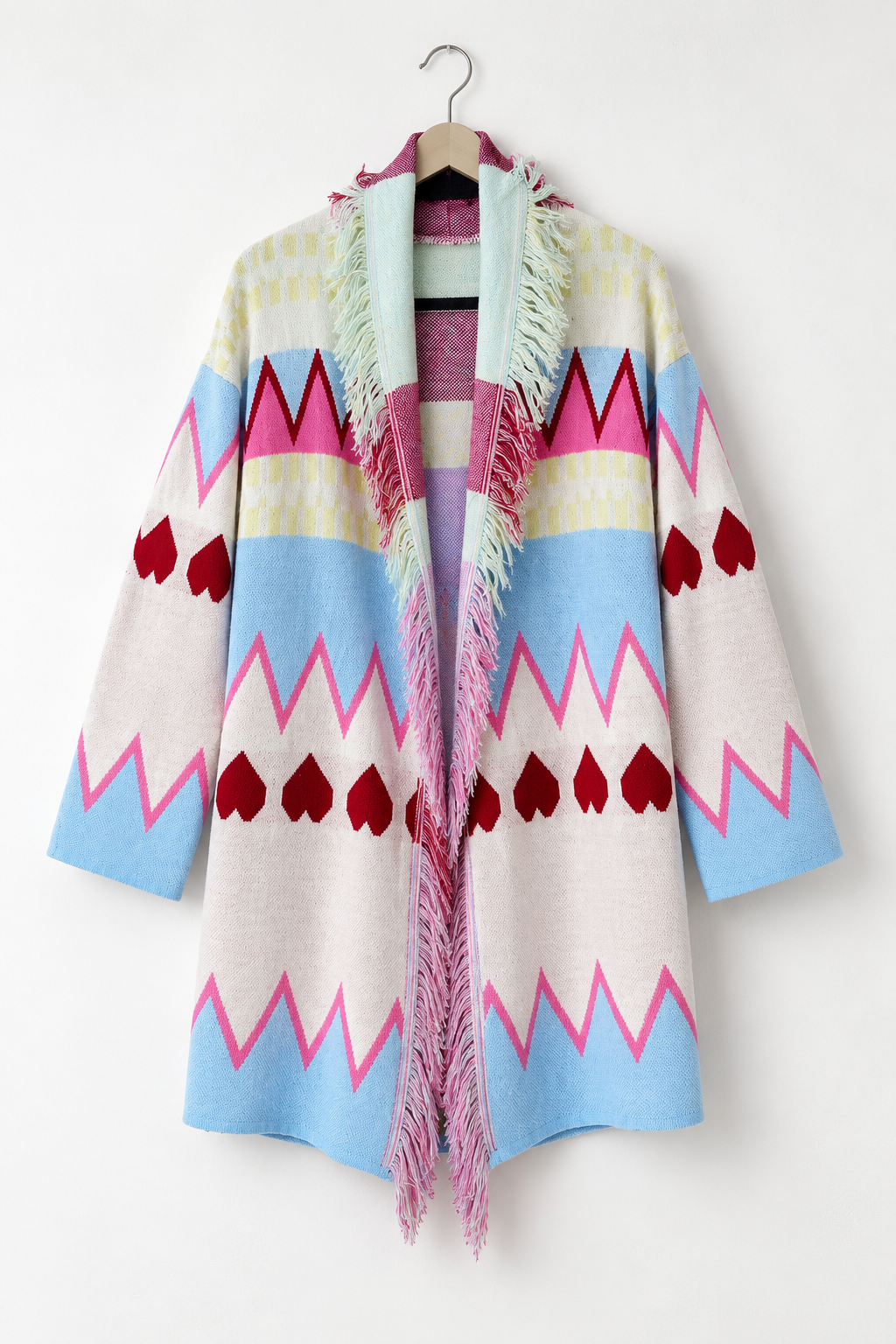 Cardigan fantasia geometrica con frange e cuori