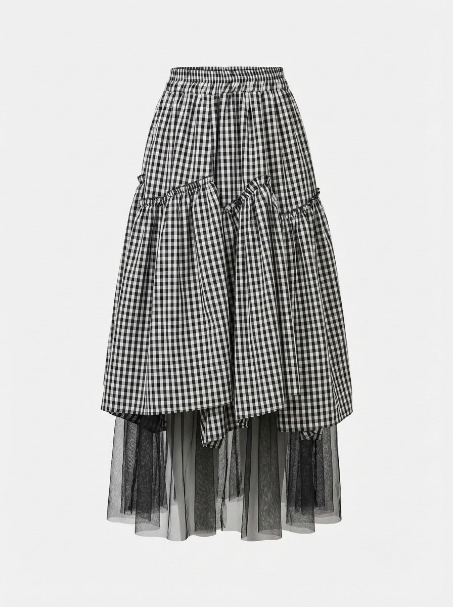 Maxi gonna Vichy e tulle asimmetrica