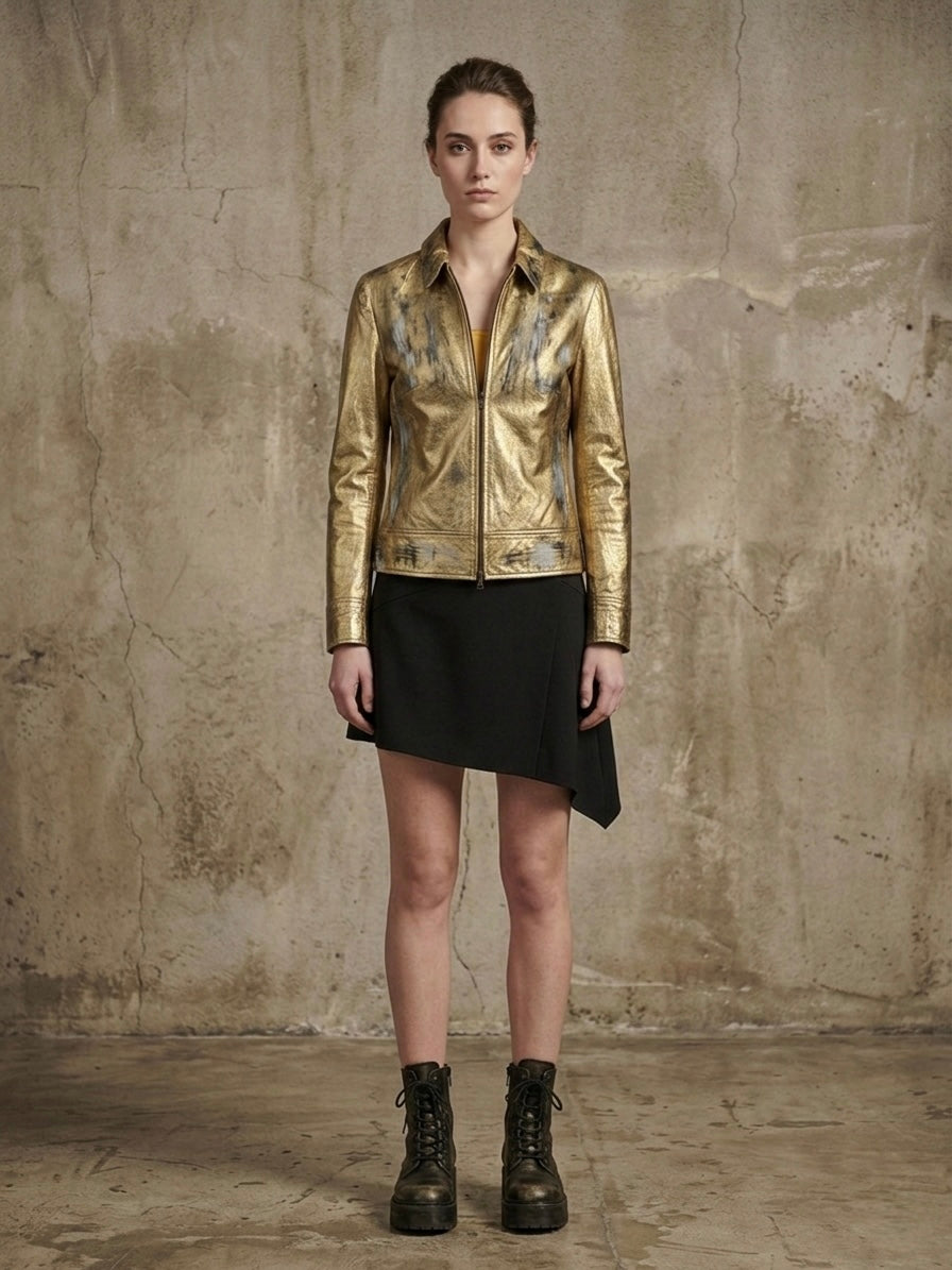 Biker in pelle gold ‘This is not Dior’ hand printed