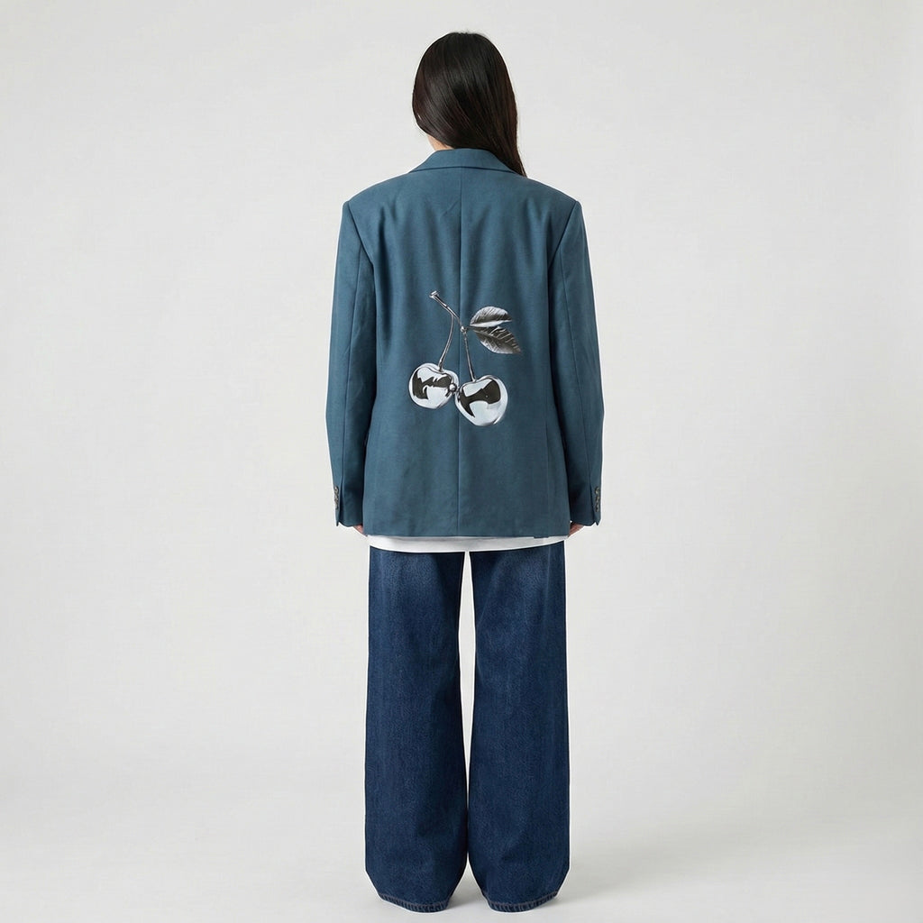 Blazer ottanio doppiopetto ‘Silver Cherries’ handmade