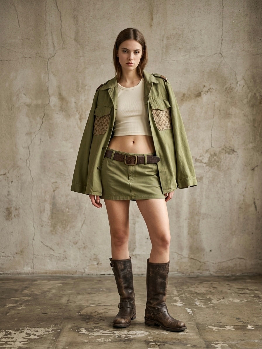 Giacca-camicia militare ‘I’m too Gucci’ upcycled