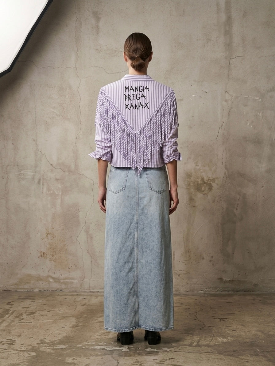Camicia righe frange ‘Mangia prega Xanax’ reworked